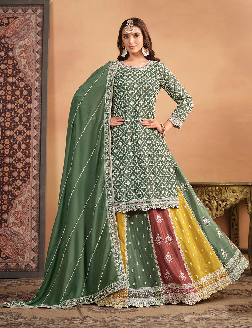 Monjolika Fashion Embroidered Chinon Silk Ethnic Lehenga In Green | Grocsy