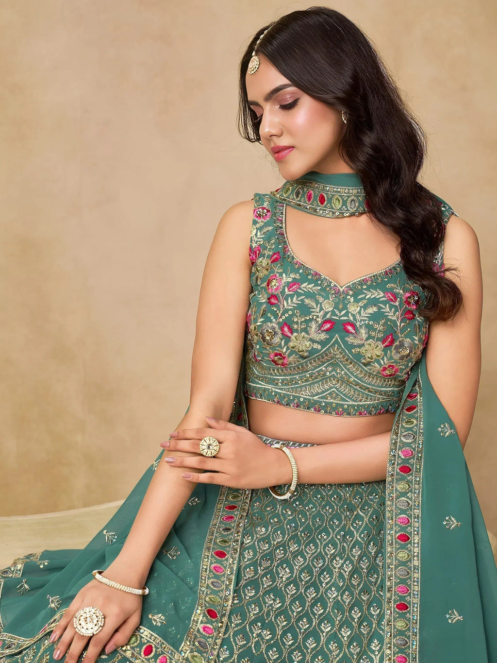 Tulsi Art Charming Green Zari Embroidered Georgette Wedding Wear Lehenga Choli | Grocsy