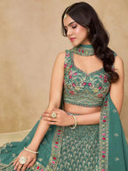 Tulsi Art Charming Green Zari Embroidered Georgette Wedding Wear Lehenga Choli | Grocsy