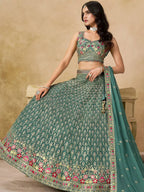 Tulsi Art Charming Green Zari Embroidered Georgette Wedding Wear Lehenga Choli | Grocsy