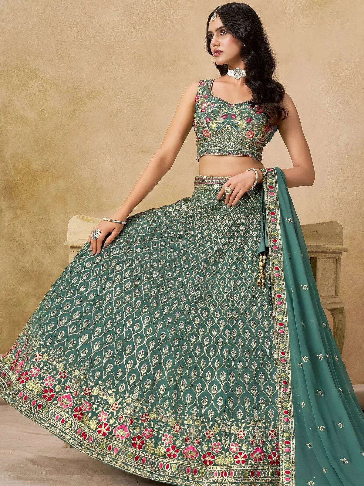 Tulsi Art Charming Green Zari Embroidered Georgette Wedding Wear Lehenga Choli | Grocsy