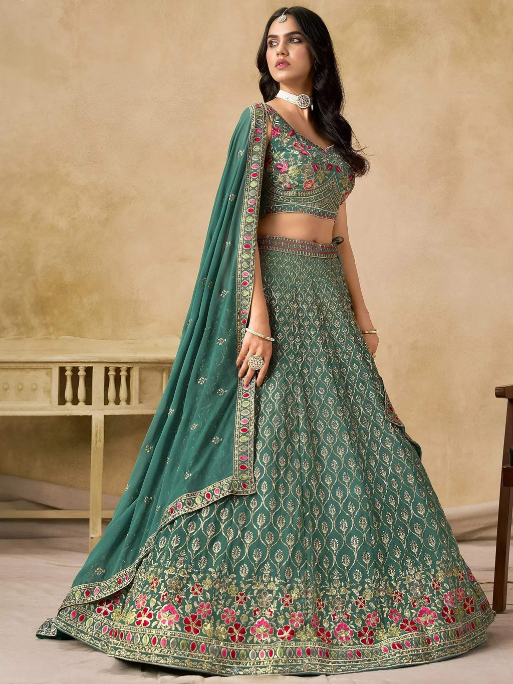 Tulsi Art Charming Green Zari Embroidered Georgette Wedding Wear Lehenga Choli | Grocsy