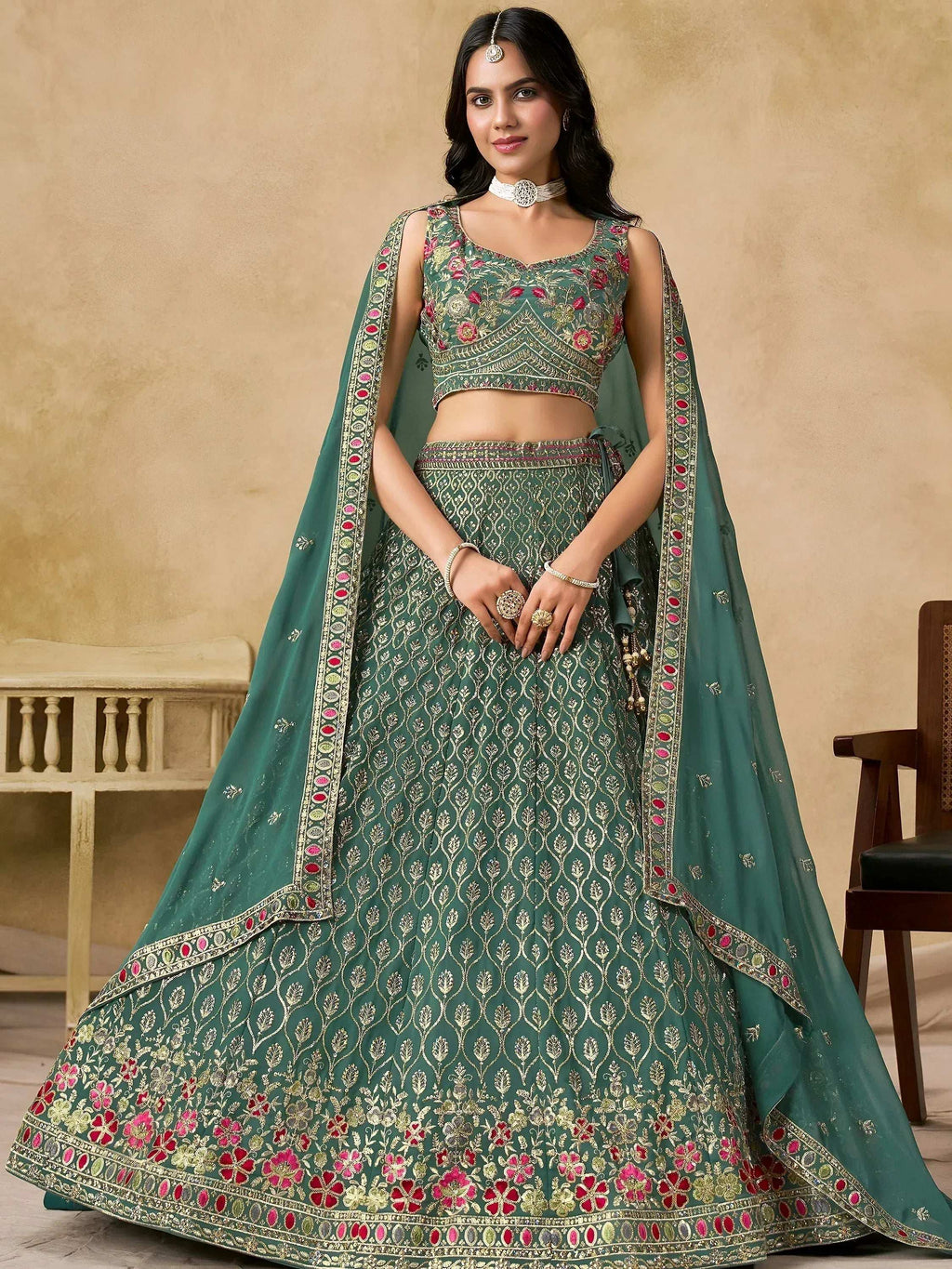 Tulsi Art Charming Green Zari Embroidered Georgette Wedding Wear Lehenga Choli | Grocsy