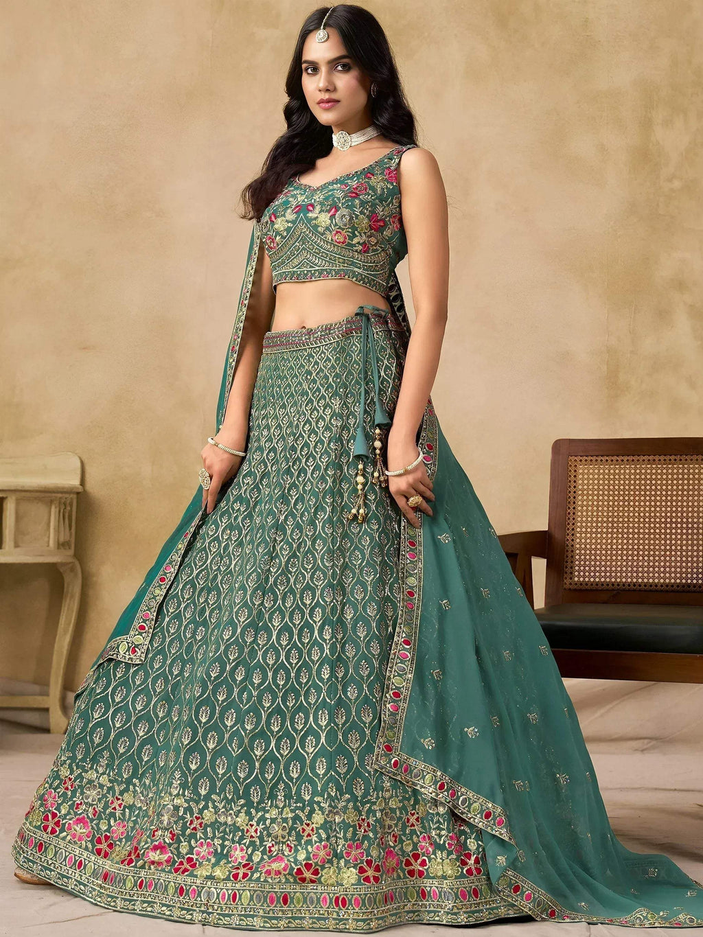 Tulsi Art Charming Green Zari Embroidered Georgette Wedding Wear Lehenga Choli | Grocsy