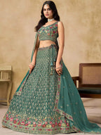 Tulsi Art Charming Green Zari Embroidered Georgette Wedding Wear Lehenga Choli | Grocsy