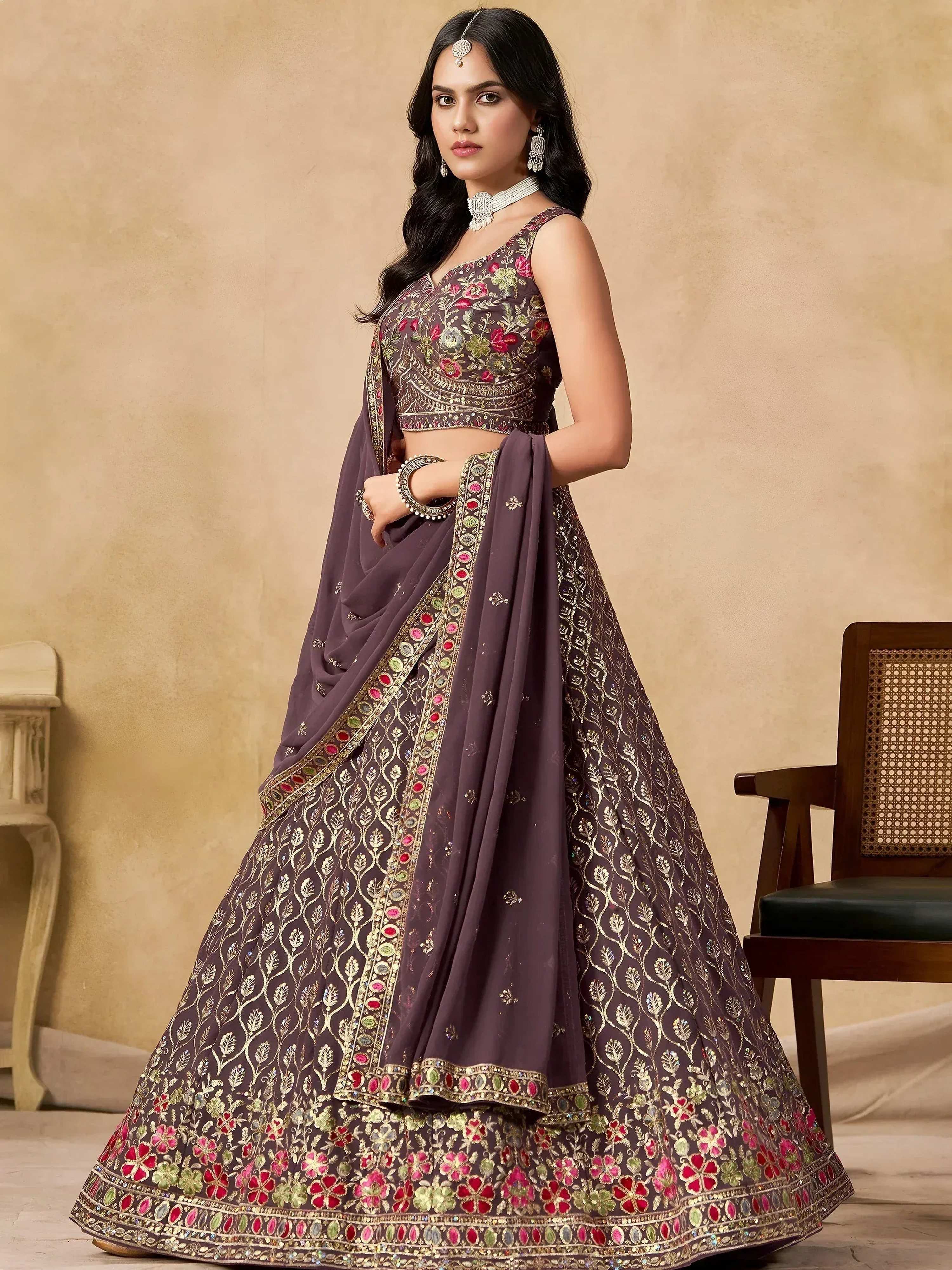 Tulsi Art Amazing Purple Zari Embroidered Georgette Wedding Wear Lehenga Choli | Grocsy