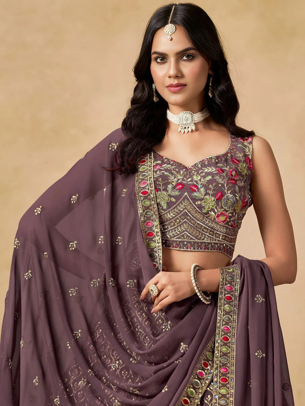 Tulsi Art Amazing Purple Zari Embroidered Georgette Wedding Wear Lehenga Choli | Grocsy