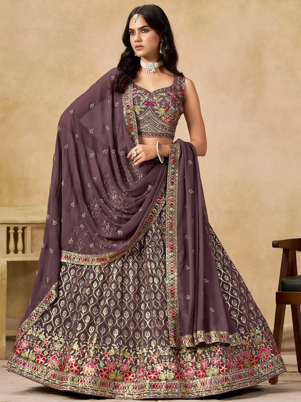 Tulsi Art Amazing Purple Zari Embroidered Georgette Wedding Wear Lehenga Choli | Grocsy
