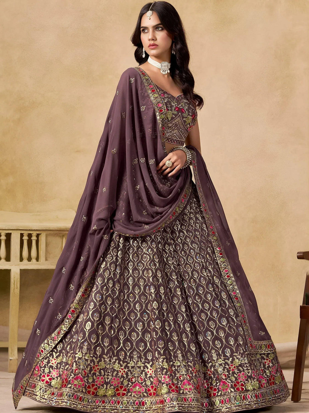 Tulsi Art Amazing Purple Zari Embroidered Georgette Wedding Wear Lehenga Choli | Grocsy