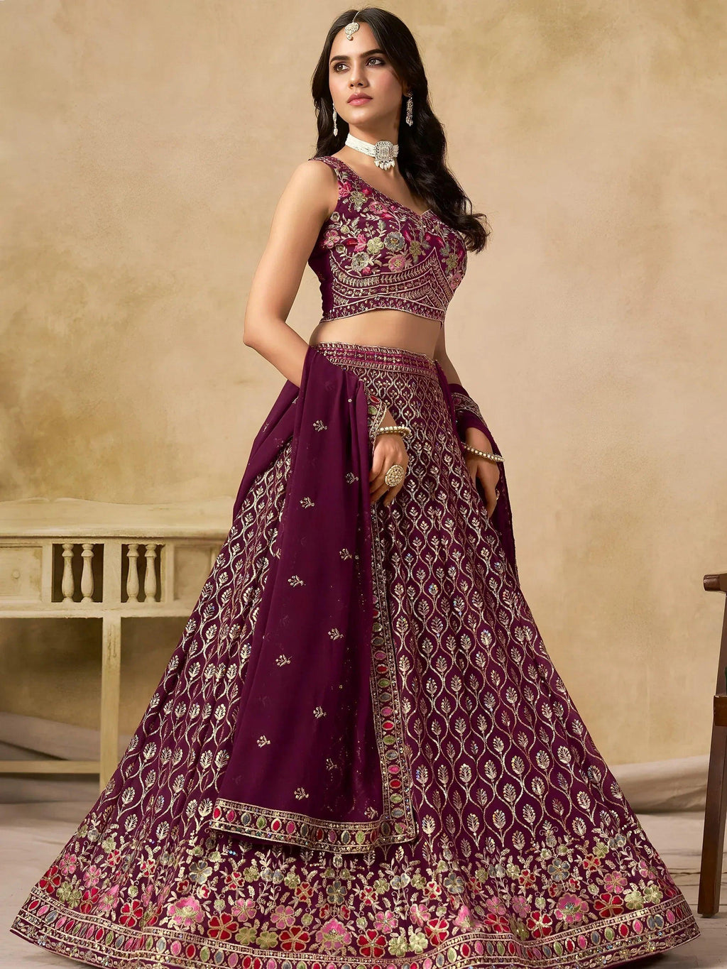 Tulsi Art Alluring Maroon Zari Embroidered Georgette Wedding Wear Lehenga Choli | Grocsy