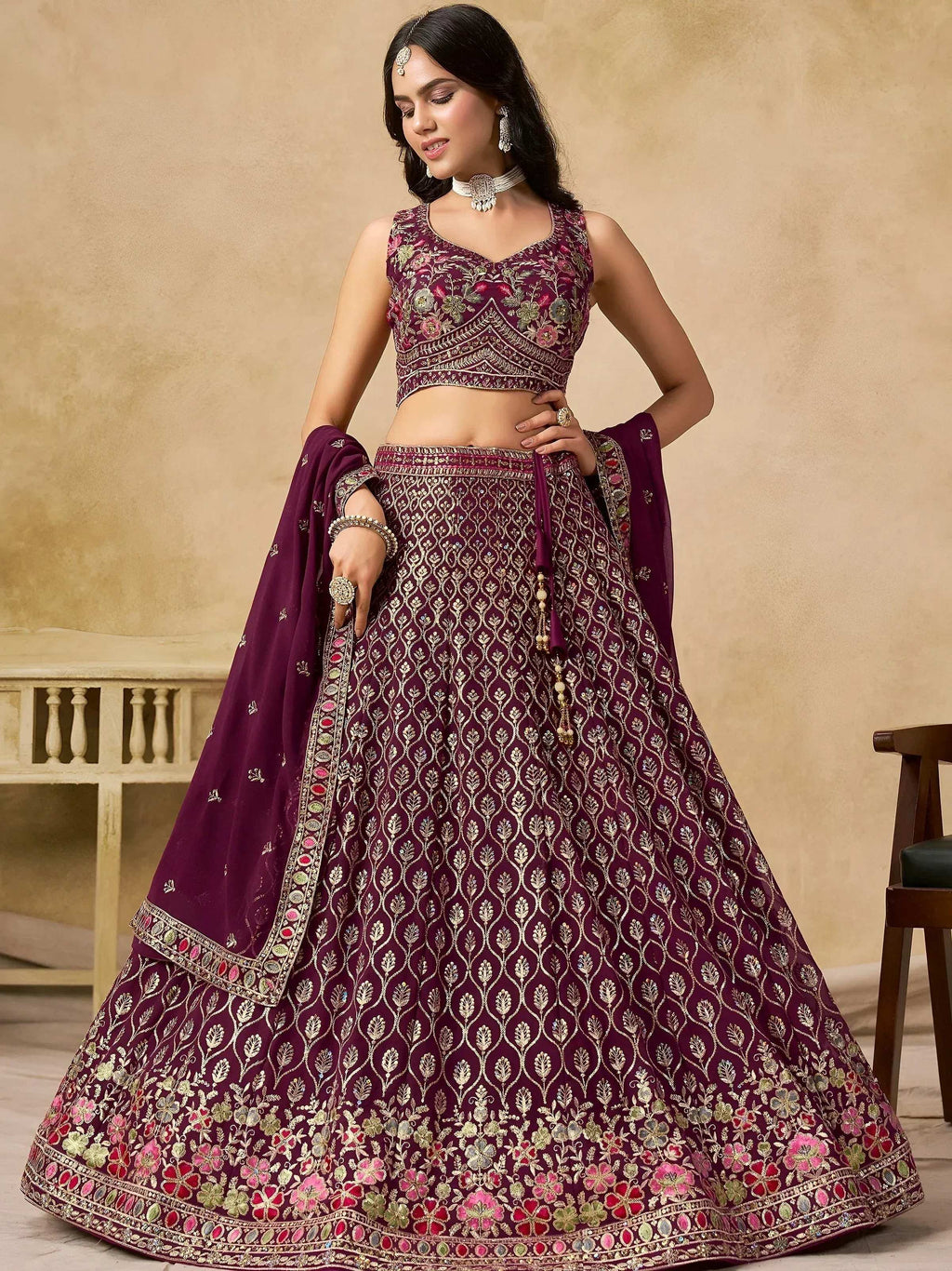 Tulsi Art Alluring Maroon Zari Embroidered Georgette Wedding Wear Lehenga Choli | Grocsy