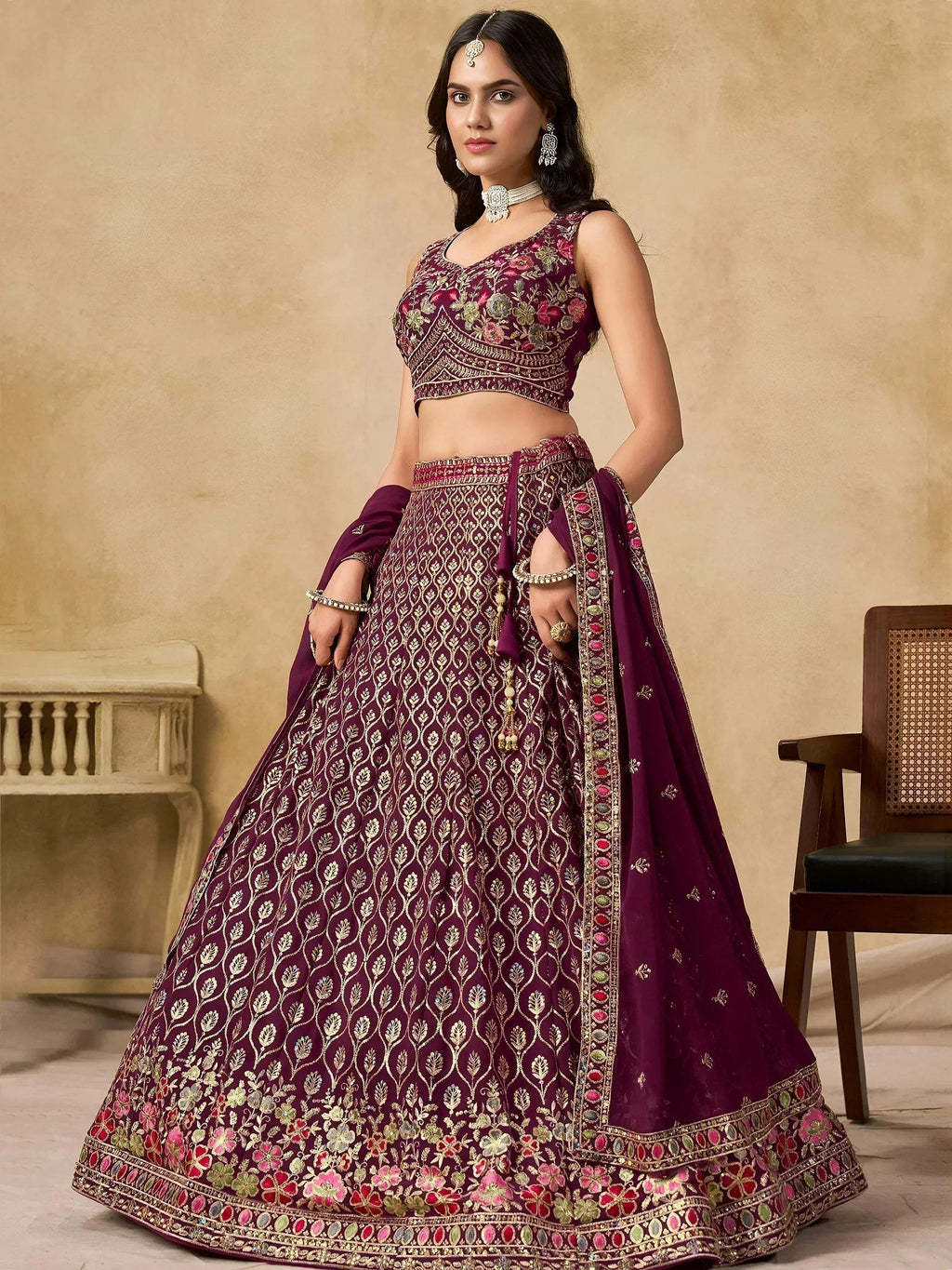 Tulsi Art Alluring Maroon Zari Embroidered Georgette Wedding Wear Lehenga Choli | Grocsy