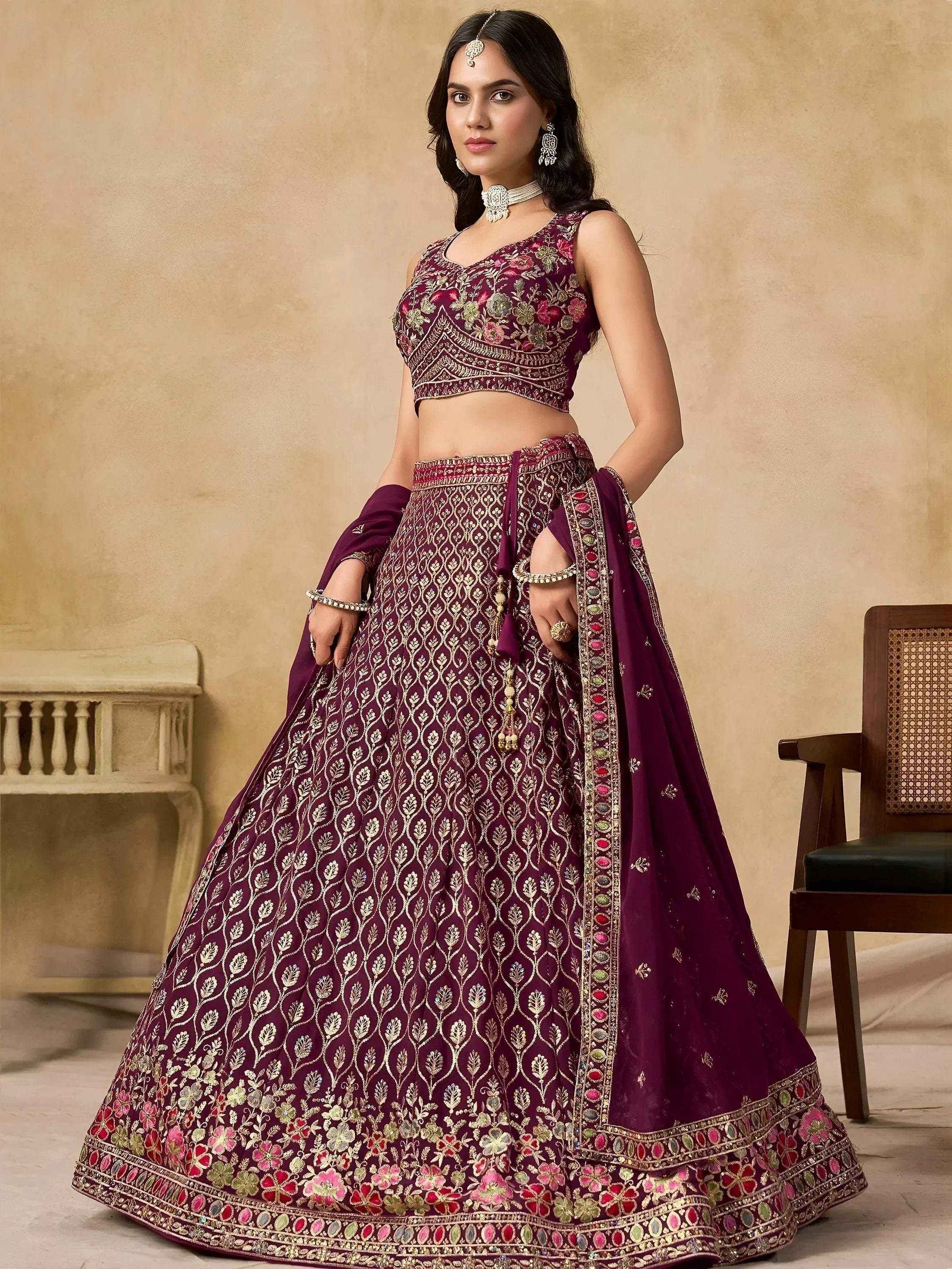 Tulsi Art Alluring Maroon Zari Embroidered Georgette Wedding Wear Lehenga Choli | Grocsy
