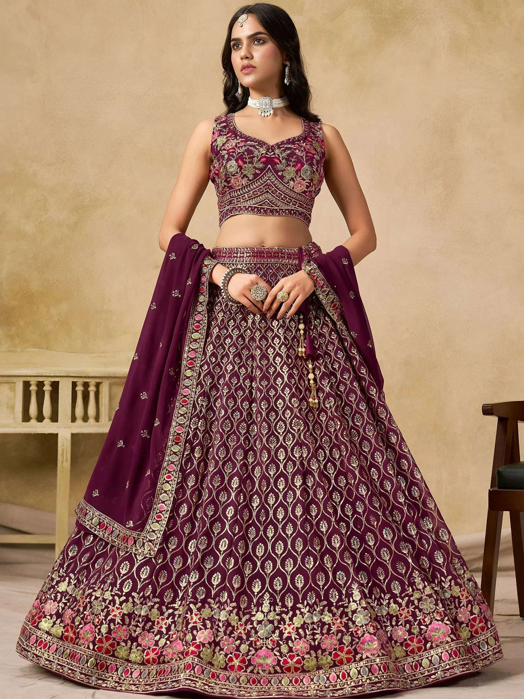 Tulsi Art Alluring Maroon Zari Embroidered Georgette Wedding Wear Lehenga Choli | Grocsy