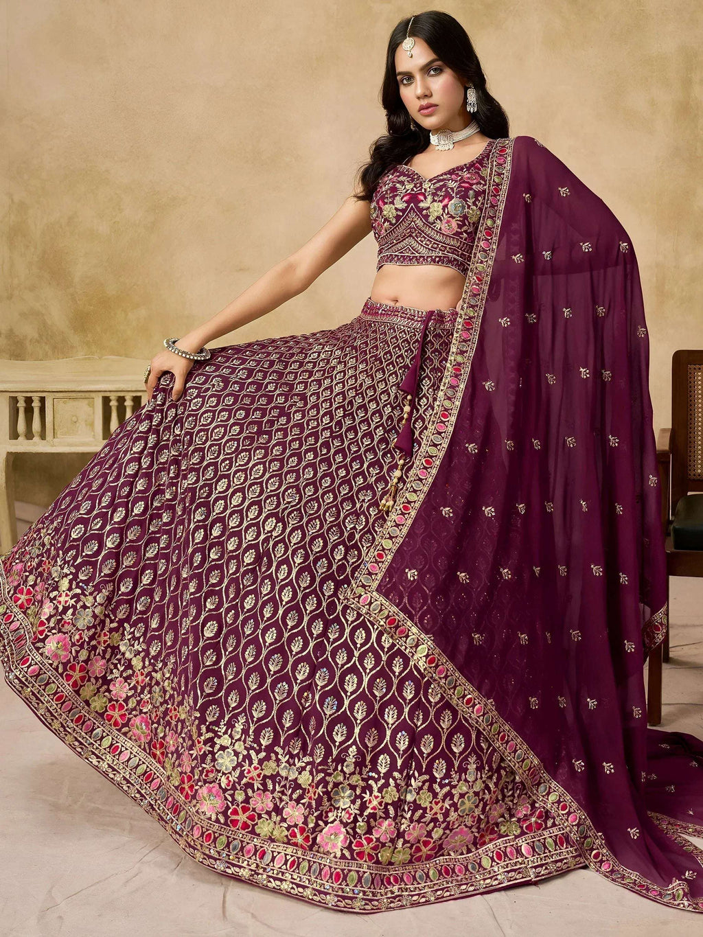 Tulsi Art Alluring Maroon Zari Embroidered Georgette Wedding Wear Lehenga Choli | Grocsy