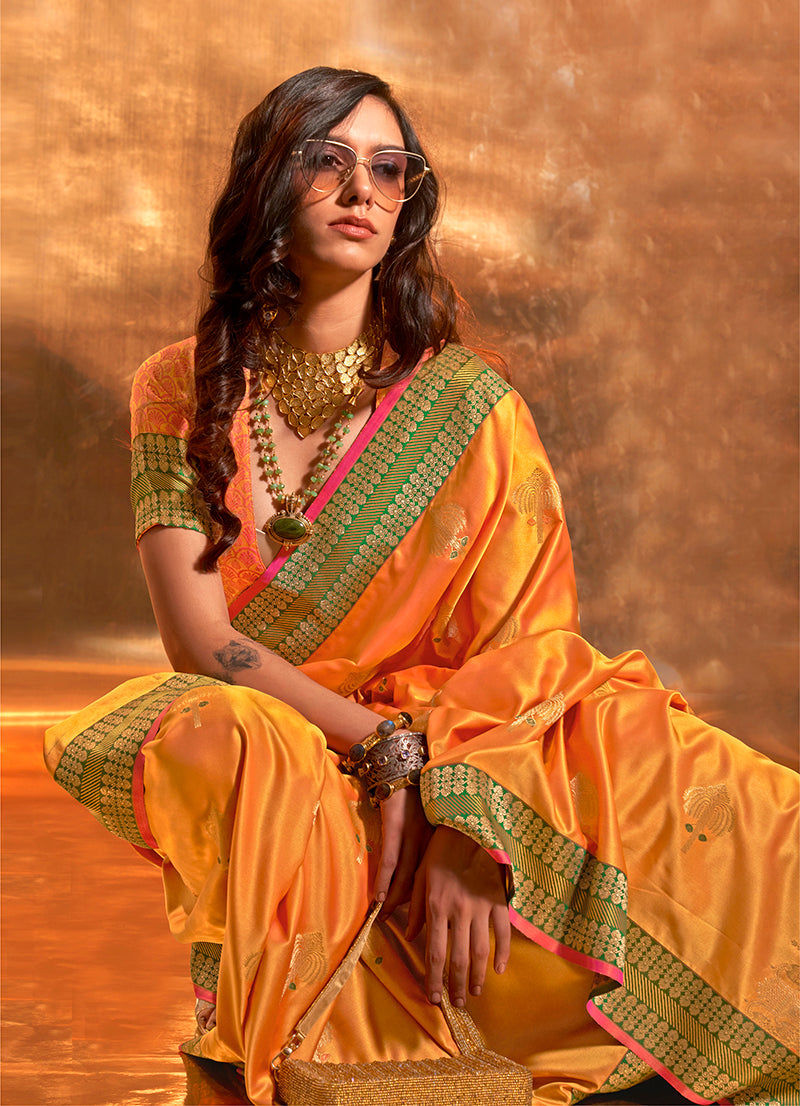 Monjolika Fashion Yellow Colour Satin Silk Zari Woven Designer Saree With Blouse | Grocsy