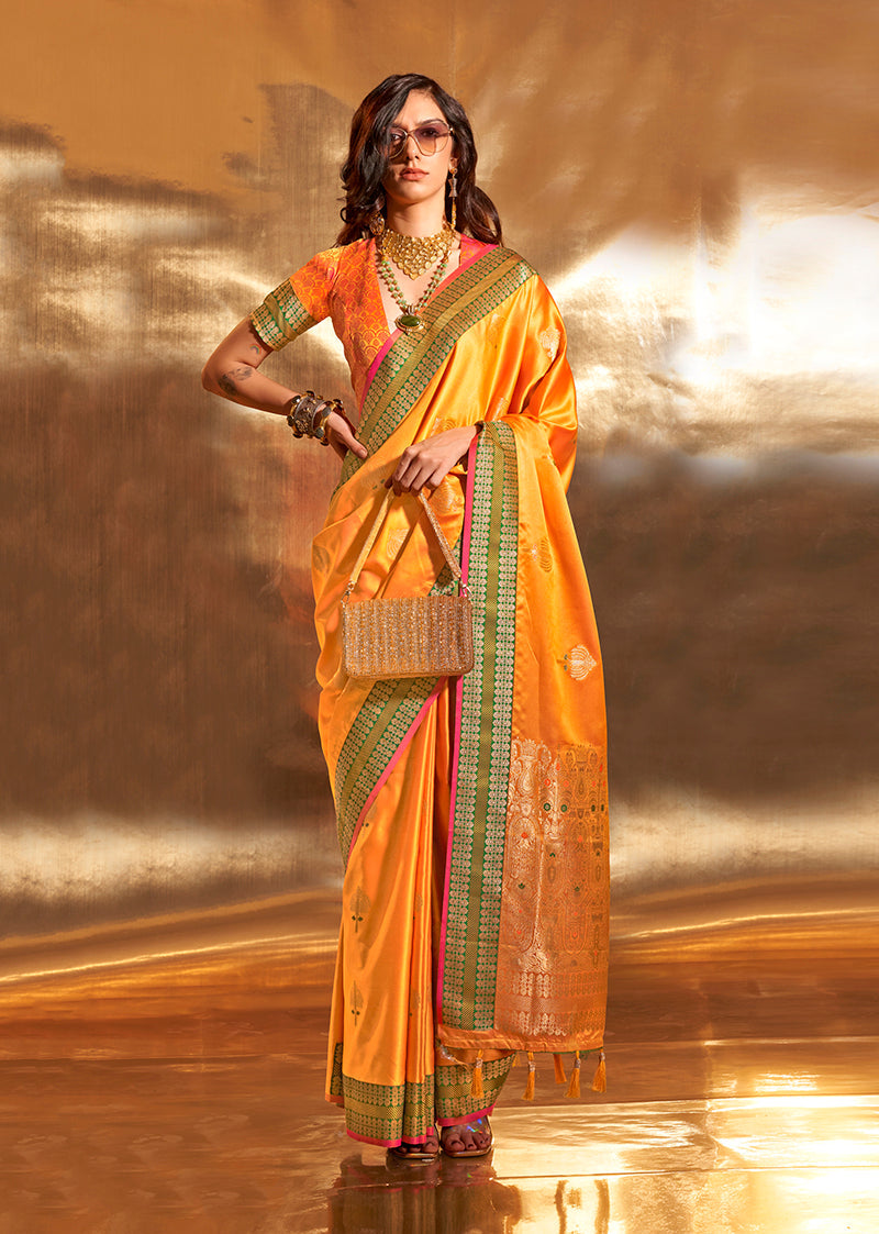 Monjolika Fashion Yellow Colour Satin Silk Zari Woven Designer Saree With Blouse | Grocsy