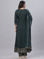 Juniper Women's Bottle Green Rayon Printed Embroidered A-Line Kurta Pant Set | Grocsy