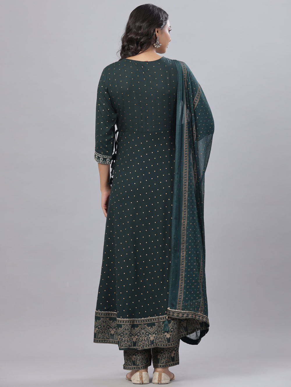Juniper Women's Bottle Green Rayon Printed Embroidered A-Line Kurta Pant Set | Grocsy