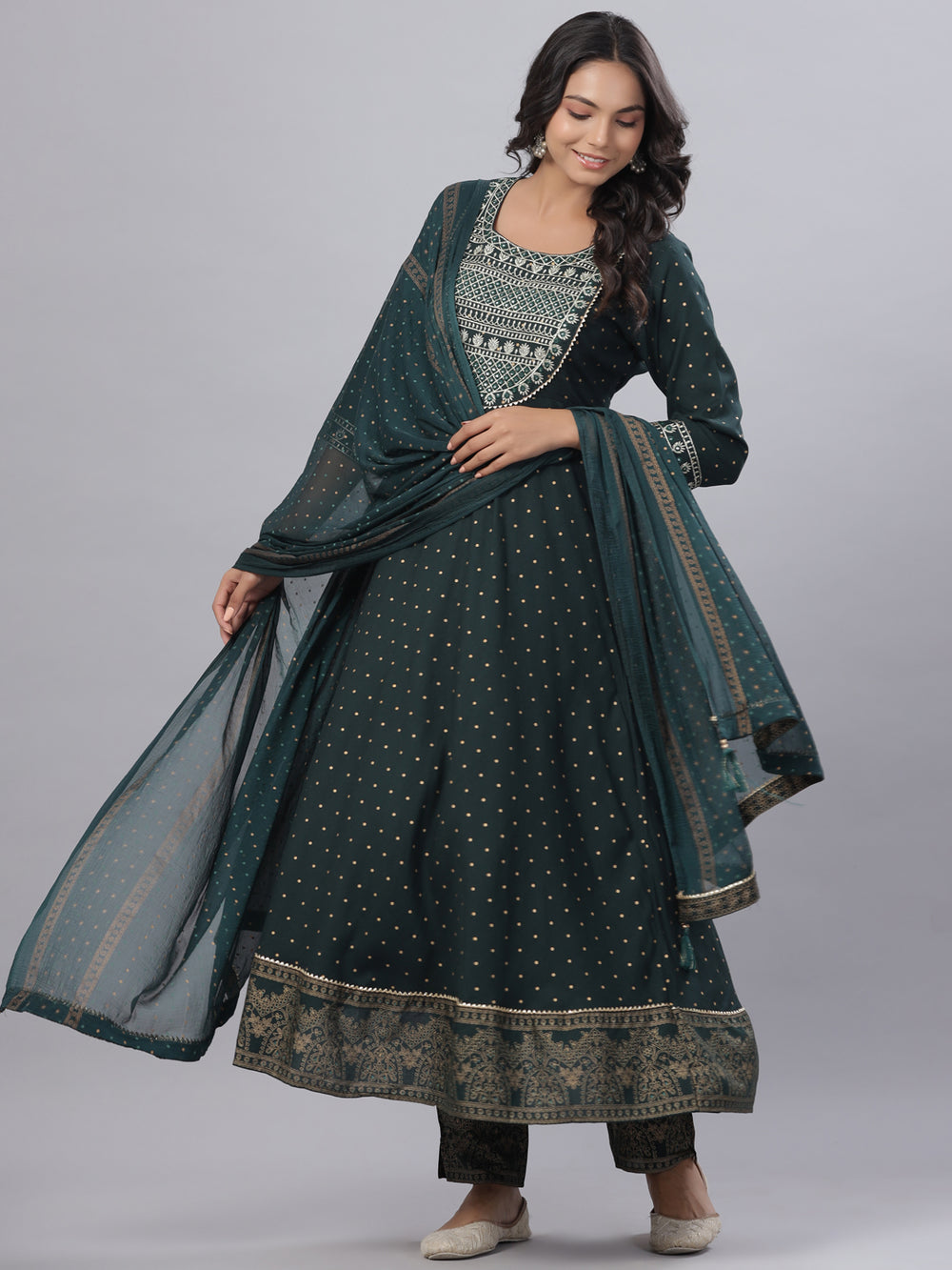 Juniper Women's Bottle Green Rayon Printed Embroidered A-Line Kurta Pant Set | Grocsy