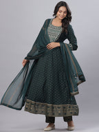 Juniper Women's Bottle Green Rayon Printed Embroidered A-Line Kurta Pant Set | Grocsy