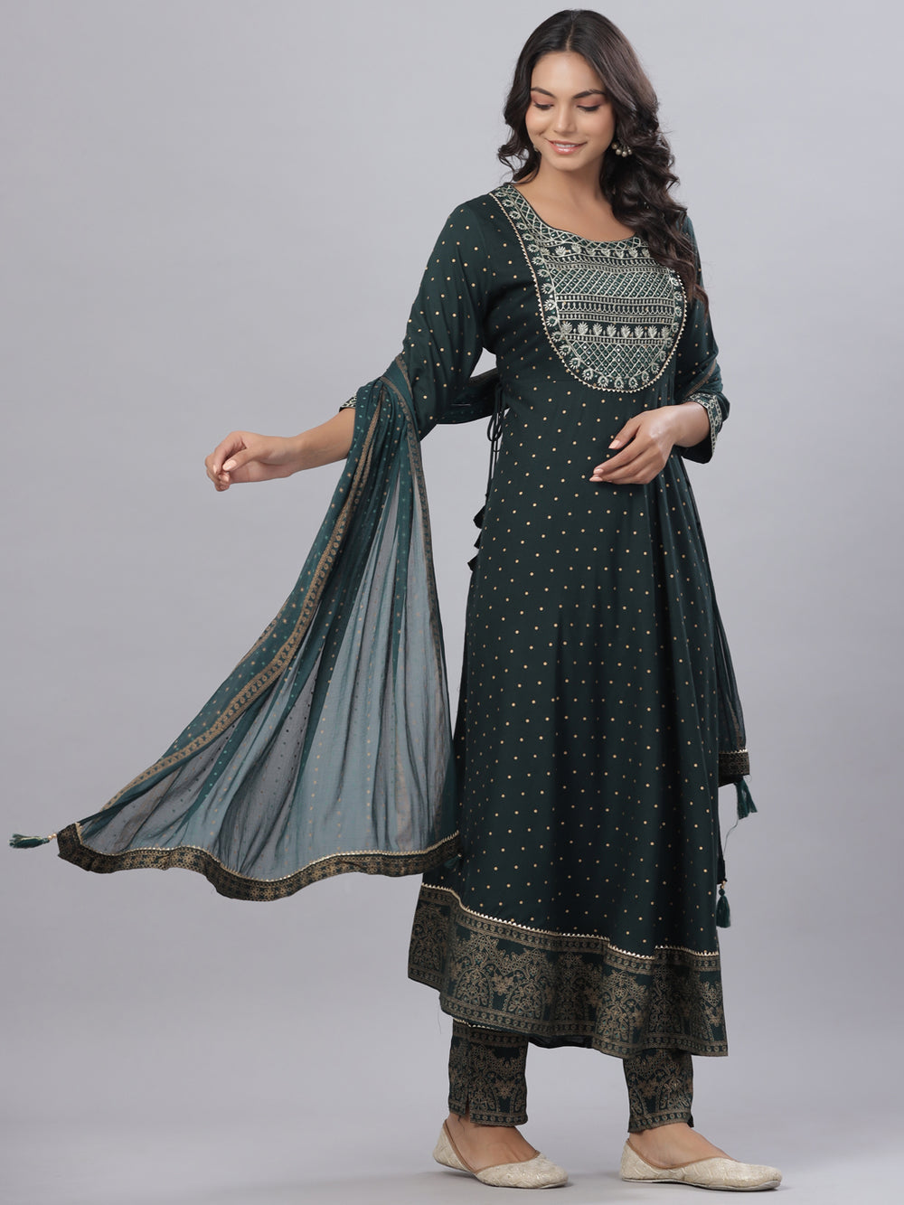 Juniper Women's Bottle Green Rayon Printed Embroidered A-Line Kurta Pant Set | Grocsy