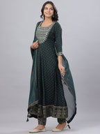 Juniper Women's Bottle Green Rayon Printed Embroidered A-Line Kurta Pant Set | Grocsy