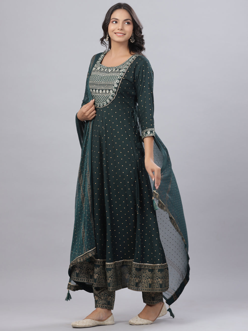 Juniper Women's Bottle Green Rayon Printed Embroidered A-Line Kurta Pant Set | Grocsy