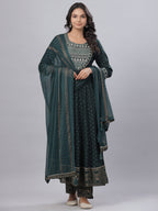 Juniper Women's Bottle Green Rayon Printed Embroidered A-Line Kurta Pant Set | Grocsy