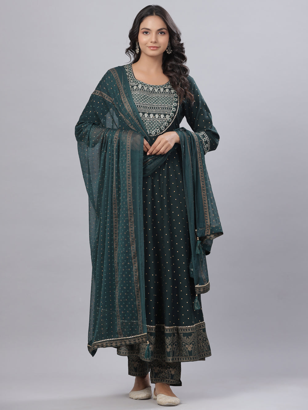 Juniper Women's Bottle Green Rayon Printed Embroidered A-Line Kurta Pant Set | Grocsy
