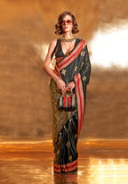 Monjolika Fashion Black Colour Satin Silk Zari Woven Designer Saree With Blouse | Grocsy