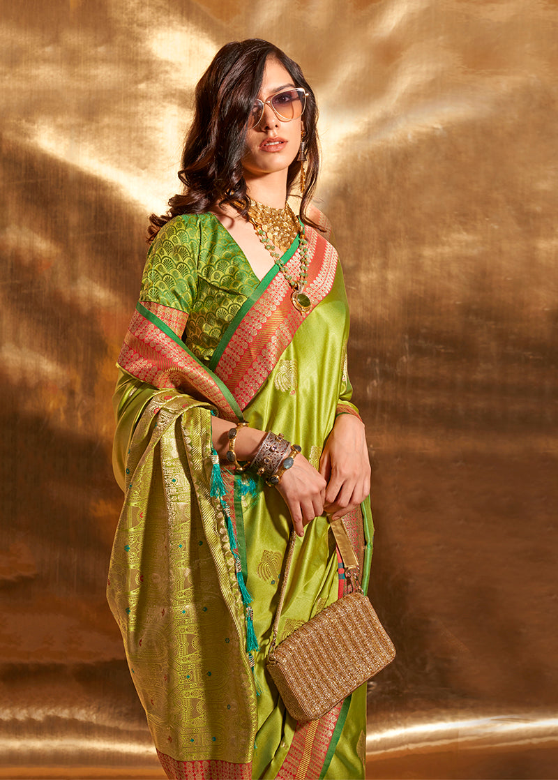 Monjolika Fashion Pear Green Colour Satin Silk Zari Woven Designer Saree With Blouse | Grocsy