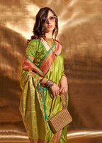 Monjolika Fashion Pear Green Colour Satin Silk Zari Woven Designer Saree With Blouse | Grocsy