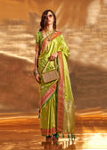 Monjolika Fashion Pear Green Colour Satin Silk Zari Woven Designer Saree With Blouse | Grocsy