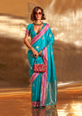 Monjolika Fashion Blue Colour Satin Silk Zari Woven Designer Saree With Blouse | Grocsy