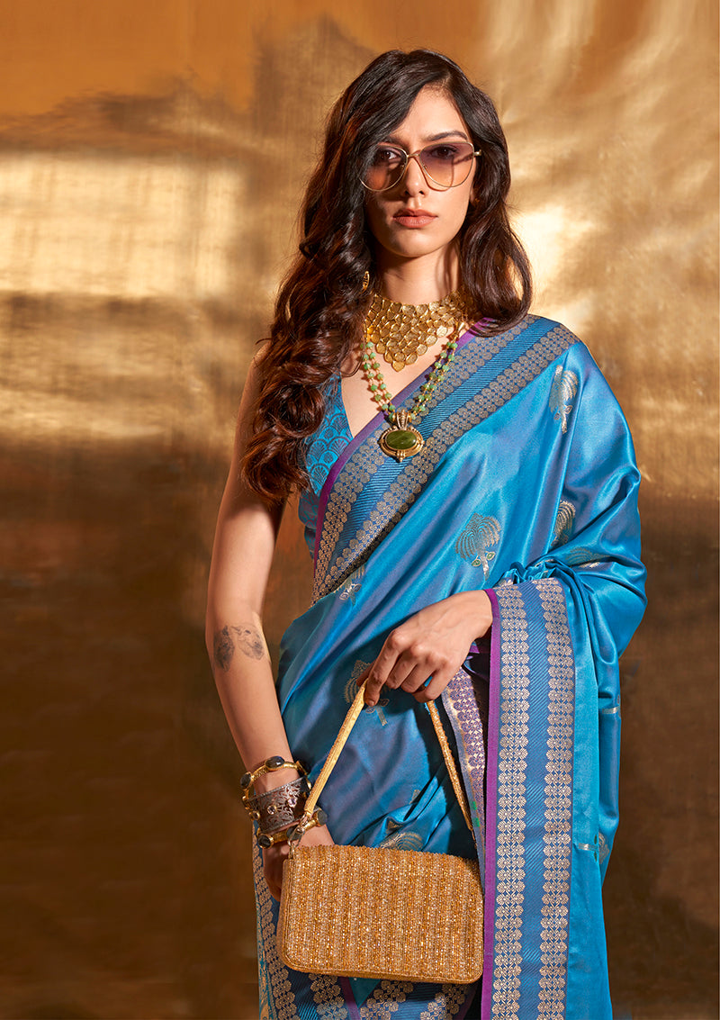 Monjolika Fashion Cobalt Blue Colour Satin Silk Zari Woven Designer Saree With Blouse | Grocsy