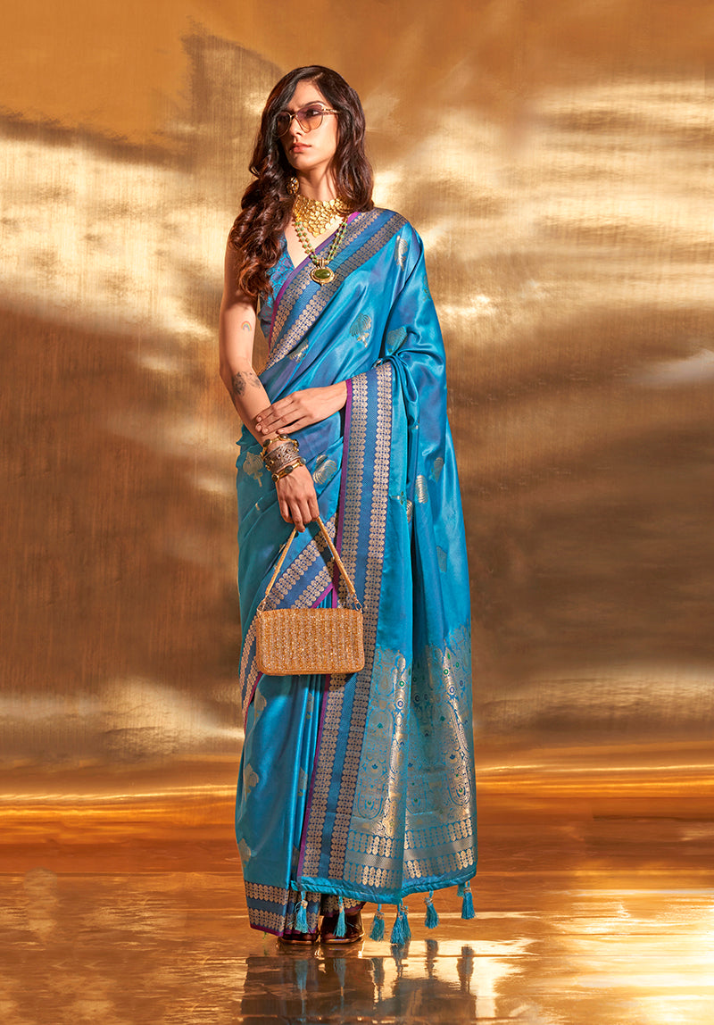 Monjolika Fashion Cobalt Blue Colour Satin Silk Zari Woven Designer Saree With Blouse | Grocsy