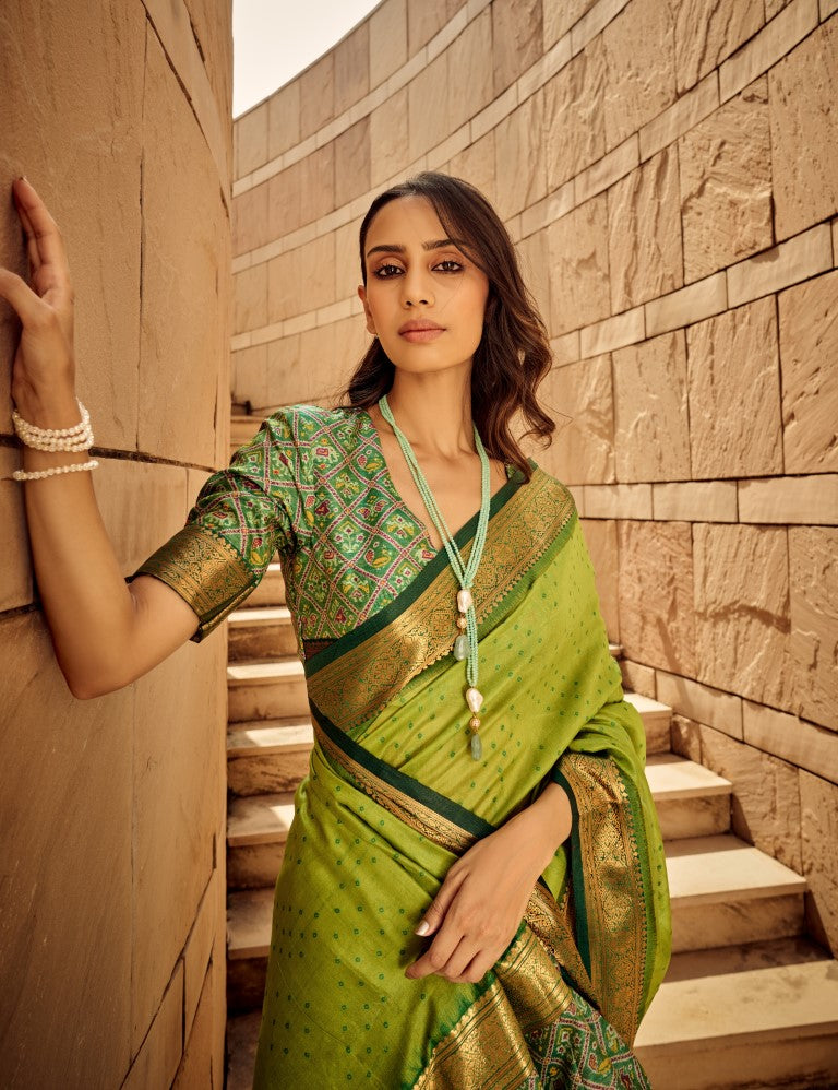 Monjolika Fashion Green Color Handloom Silk Patola Printed Saree With Blouse | Grocsy