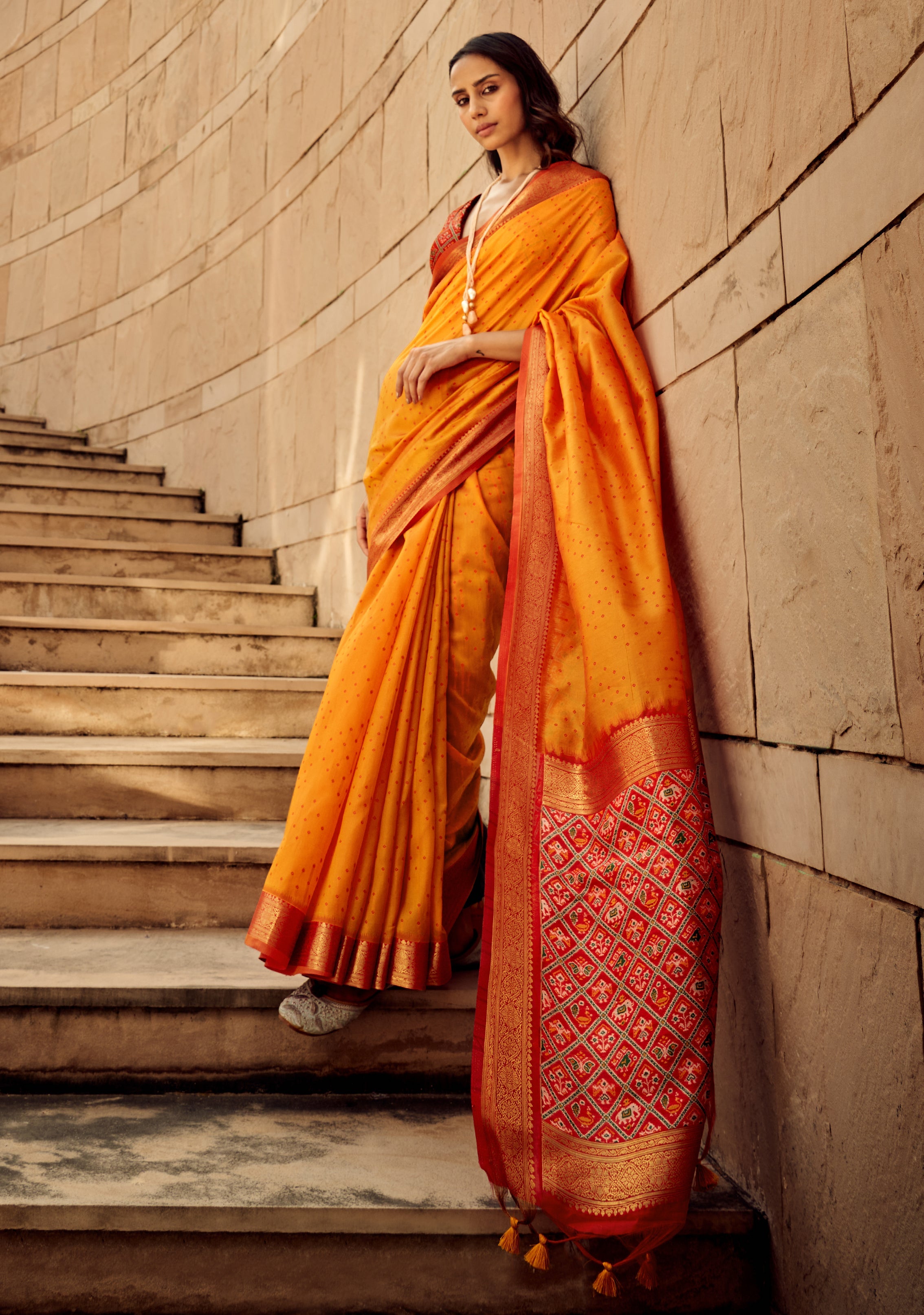 Monjolika Fashion Orange Color Handloom Silk Patola Printed Saree With Blouse | Grocsy