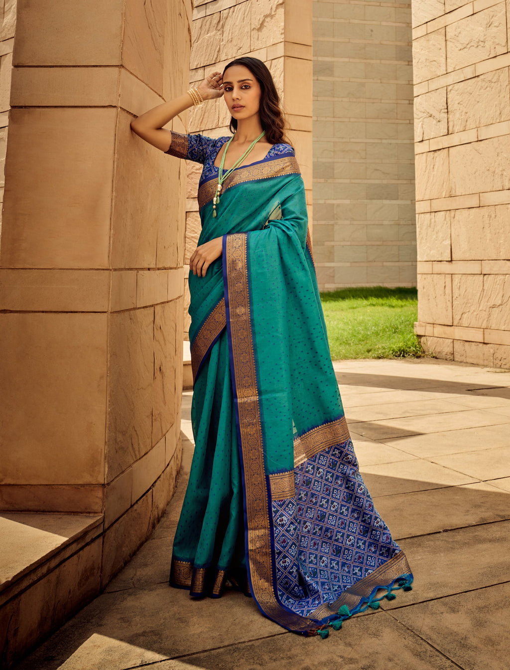 Monjolika Fashion Teal Blue Color Handloom Silk Patola Printed Saree With Blouse | Grocsy