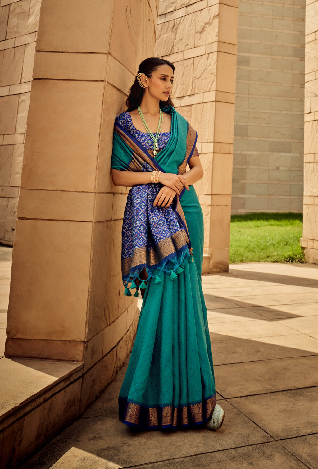 Monjolika Fashion Teal Blue Color Handloom Silk Patola Printed Saree With Blouse | Grocsy