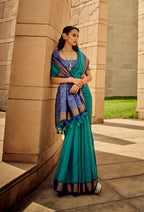 Monjolika Fashion Teal Blue Color Handloom Silk Patola Printed Saree With Blouse | Grocsy
