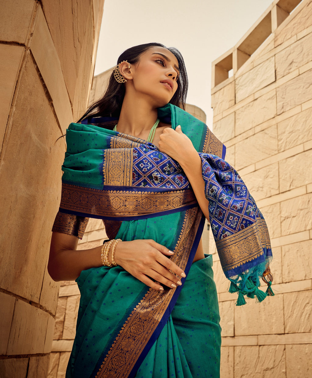 Monjolika Fashion Teal Blue Color Handloom Silk Patola Printed Saree With Blouse | Grocsy