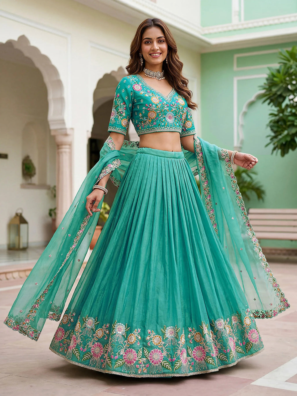 Tulsi Art Wonderful Sea Green Floral Embroidery Organza Lehenga Choli With Dupatta | Grocsy