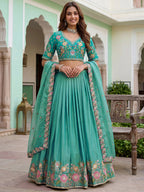 Tulsi Art Wonderful Sea Green Floral Embroidery Organza Lehenga Choli With Dupatta | Grocsy