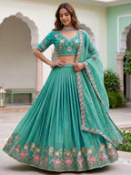 Tulsi Art Wonderful Sea Green Floral Embroidery Organza Lehenga Choli With Dupatta | Grocsy