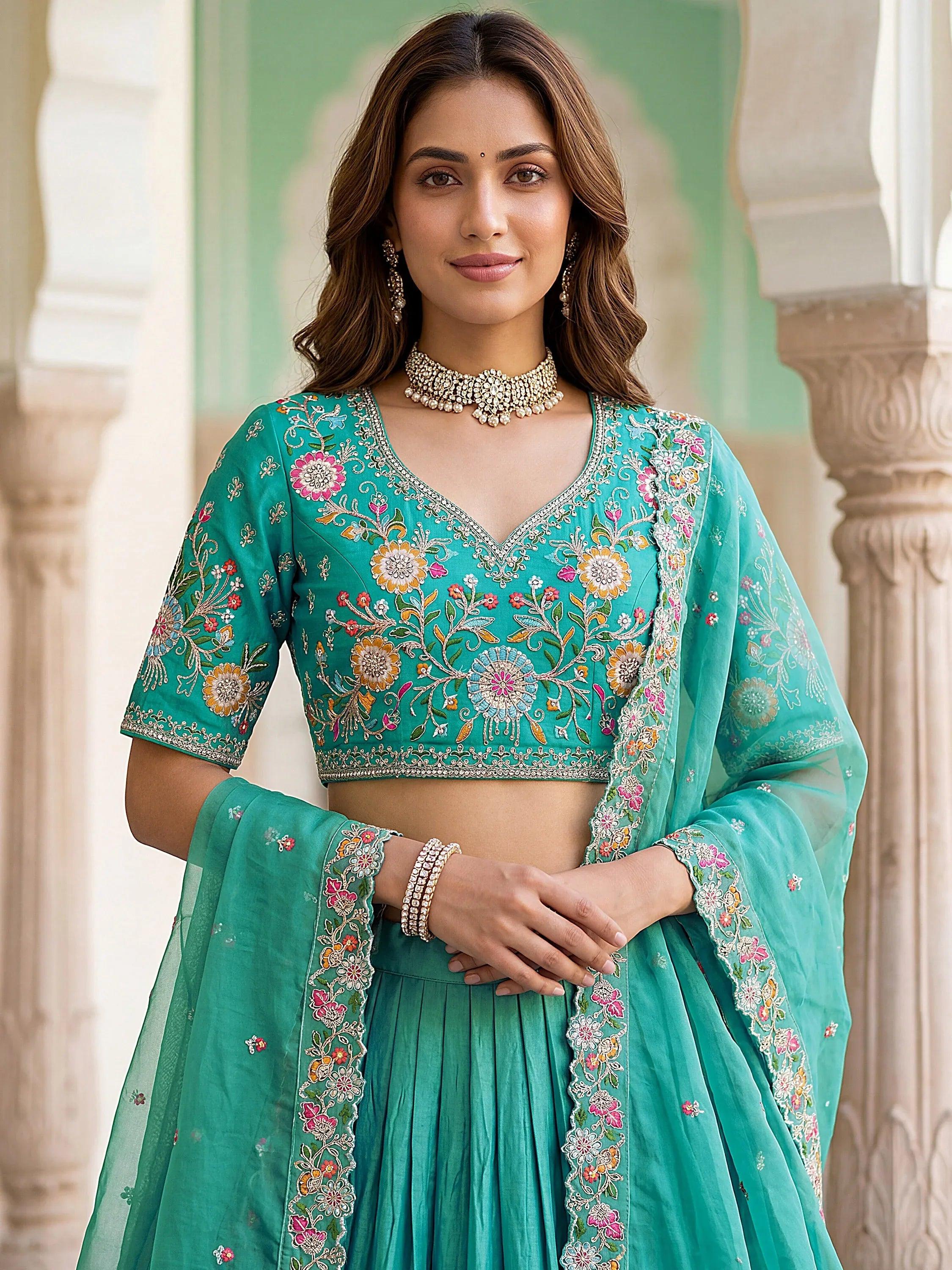 Tulsi Art Wonderful Sea Green Floral Embroidery Organza Lehenga Choli With Dupatta | Grocsy
