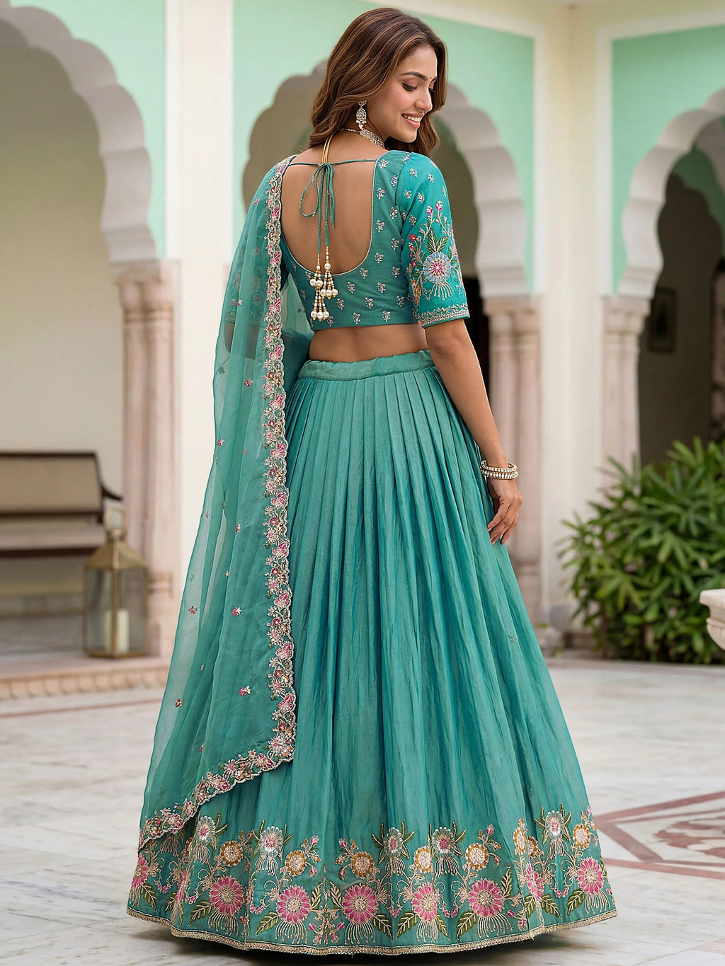 Tulsi Art Wonderful Sea Green Floral Embroidery Organza Lehenga Choli With Dupatta | Grocsy