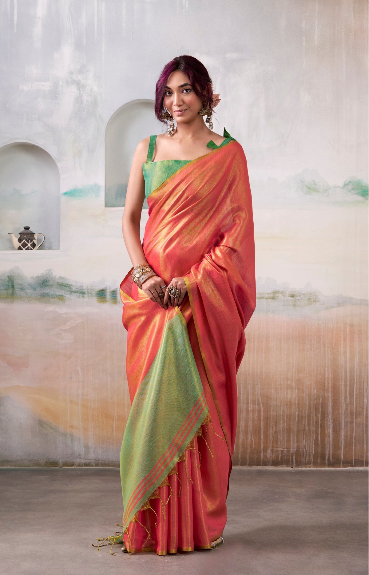 Anaita Red Handloom Tissue Silk Self Woven Plain Saree | Grocsy