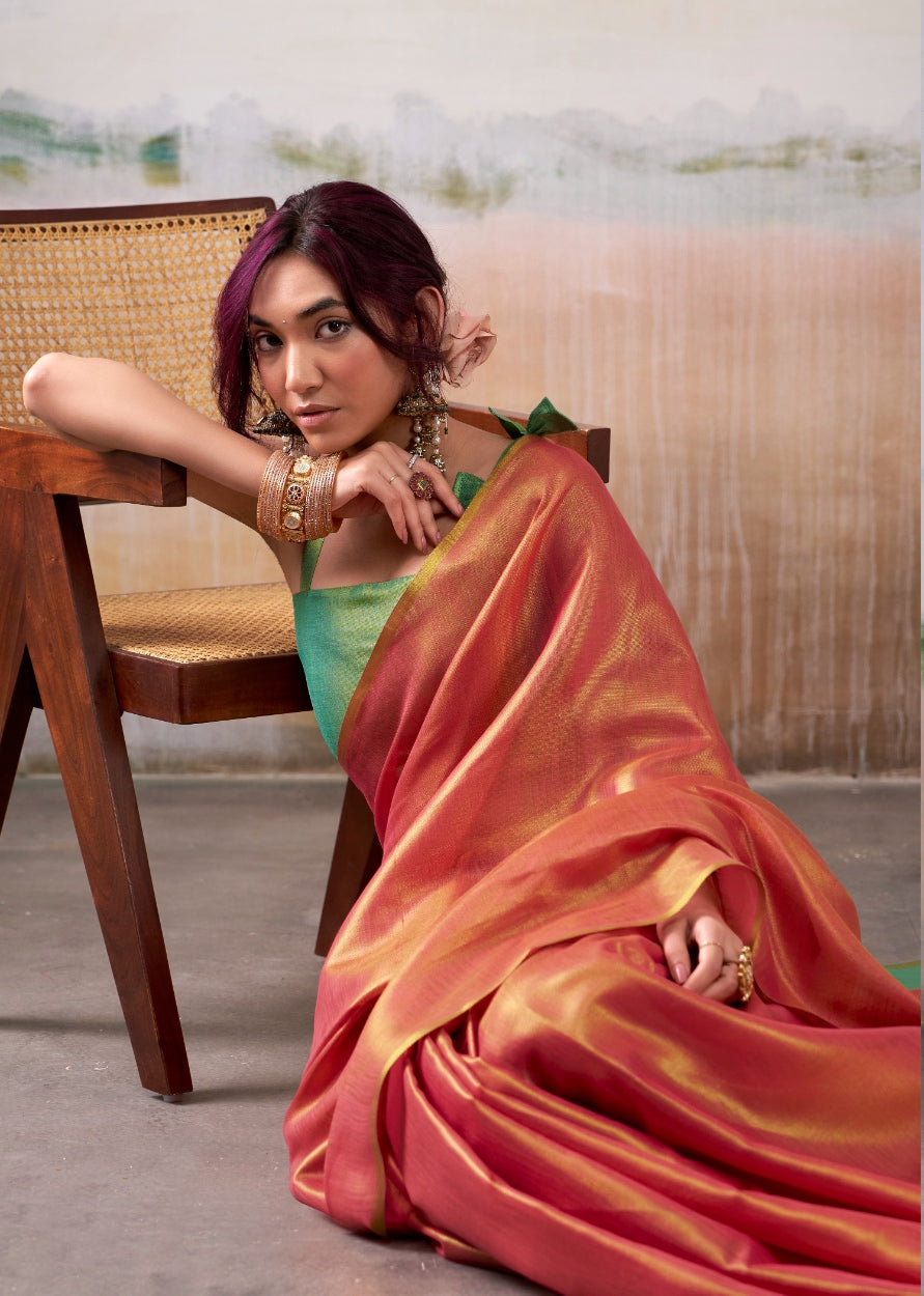 Anaita Red Handloom Tissue Silk Self Woven Plain Saree | Grocsy